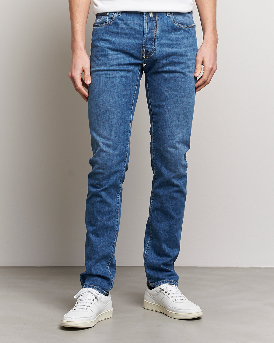 Herren | Jeans | Jacob Cohën | Bard Denim Linen Resort Stretch Jeans Mid Blue