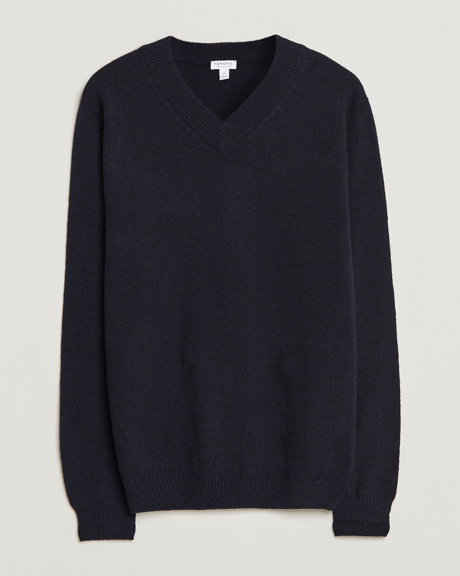 Herren | Pullover | Sunspel | Lambswool V-Neck Dark Navy Mouline