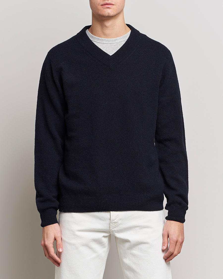 Herren | Pullover | Sunspel | Lambswool V-Neck Dark Navy Mouline