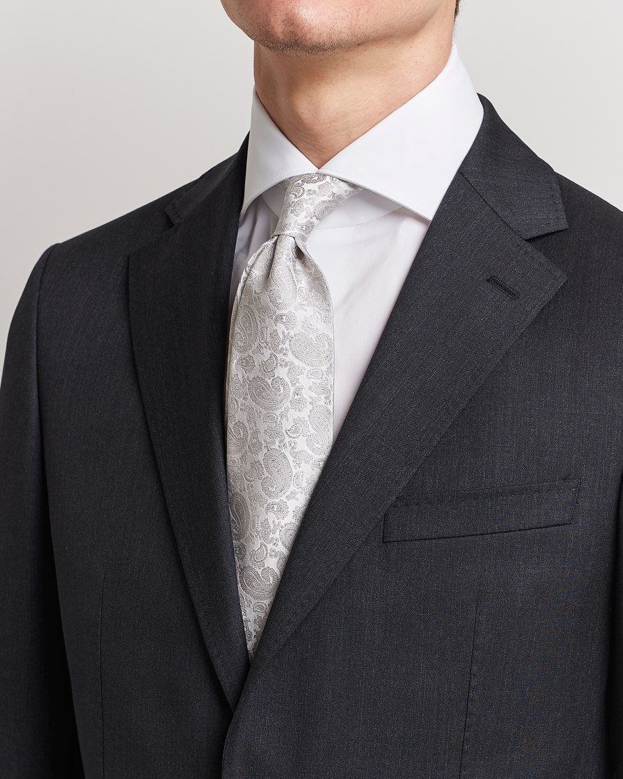 Herren | Krawatten | Amanda Christensen | Silk Tonal Paisley Tie 8 cm Silver