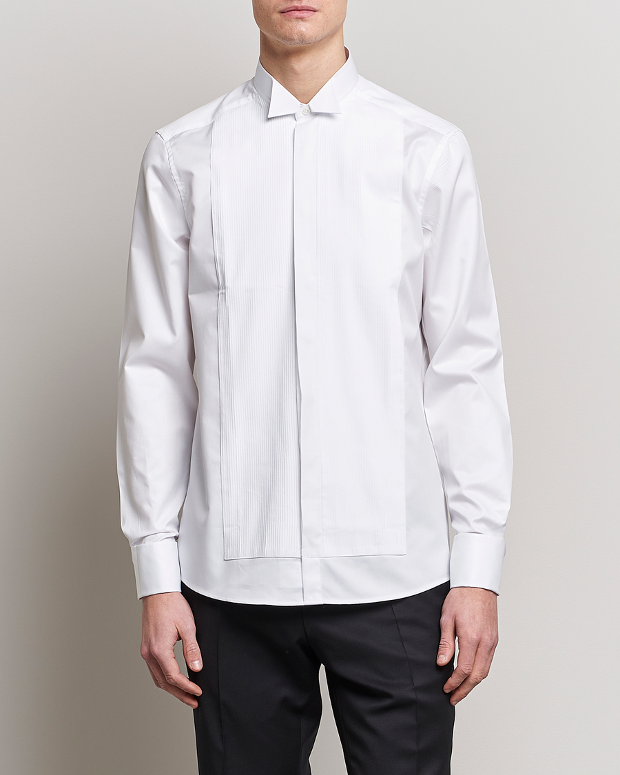 Herren | Hemden | Stenströms | Slimline Stand Up Collar Plissè Shirt White
