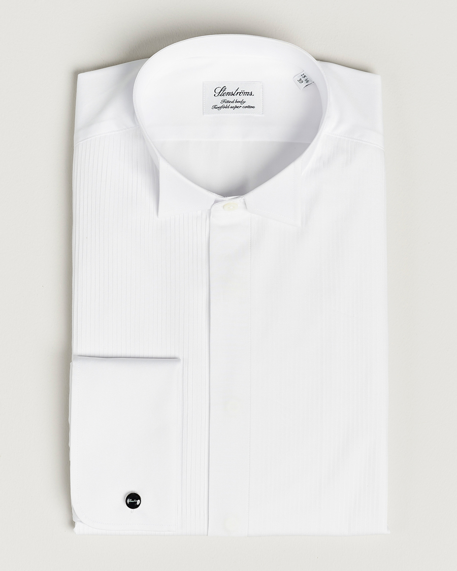 Herren | Hemden | Stenströms | Fitted Body Stand Up Collar Plissè Shirt White
