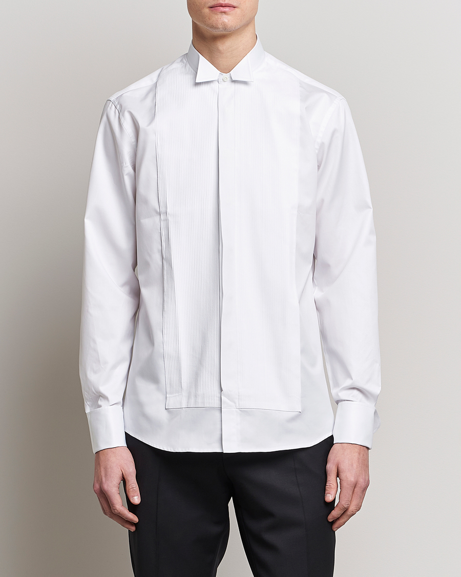 Herren | Hemden | Stenströms | Fitted Body Stand Up Collar Plissè Shirt White
