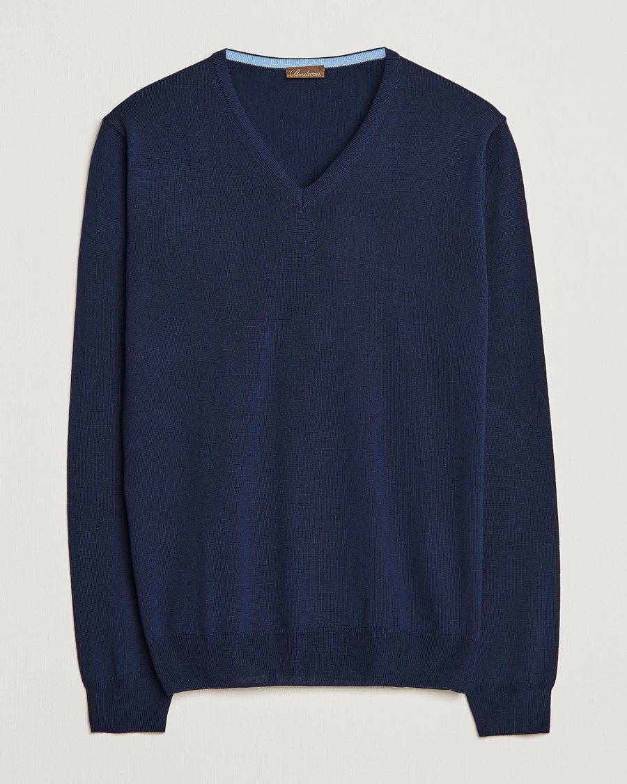 Herren | Pullover | Stenströms | Merino Patch V-Neck Navy/Light Blue