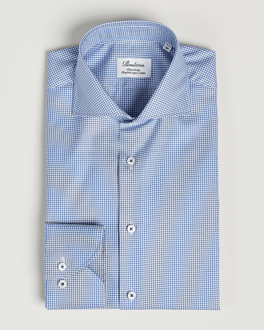 Herren | Hemden | Stenströms | Fitted Body Small Check Cut Away Shirt Blue