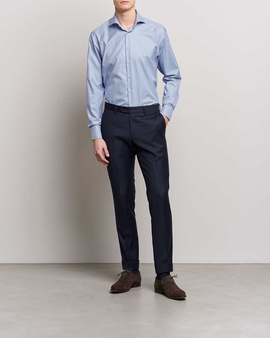 Herren | Formelle Hemden | Stenströms | Fitted Body Small Check Cut Away Shirt Blue