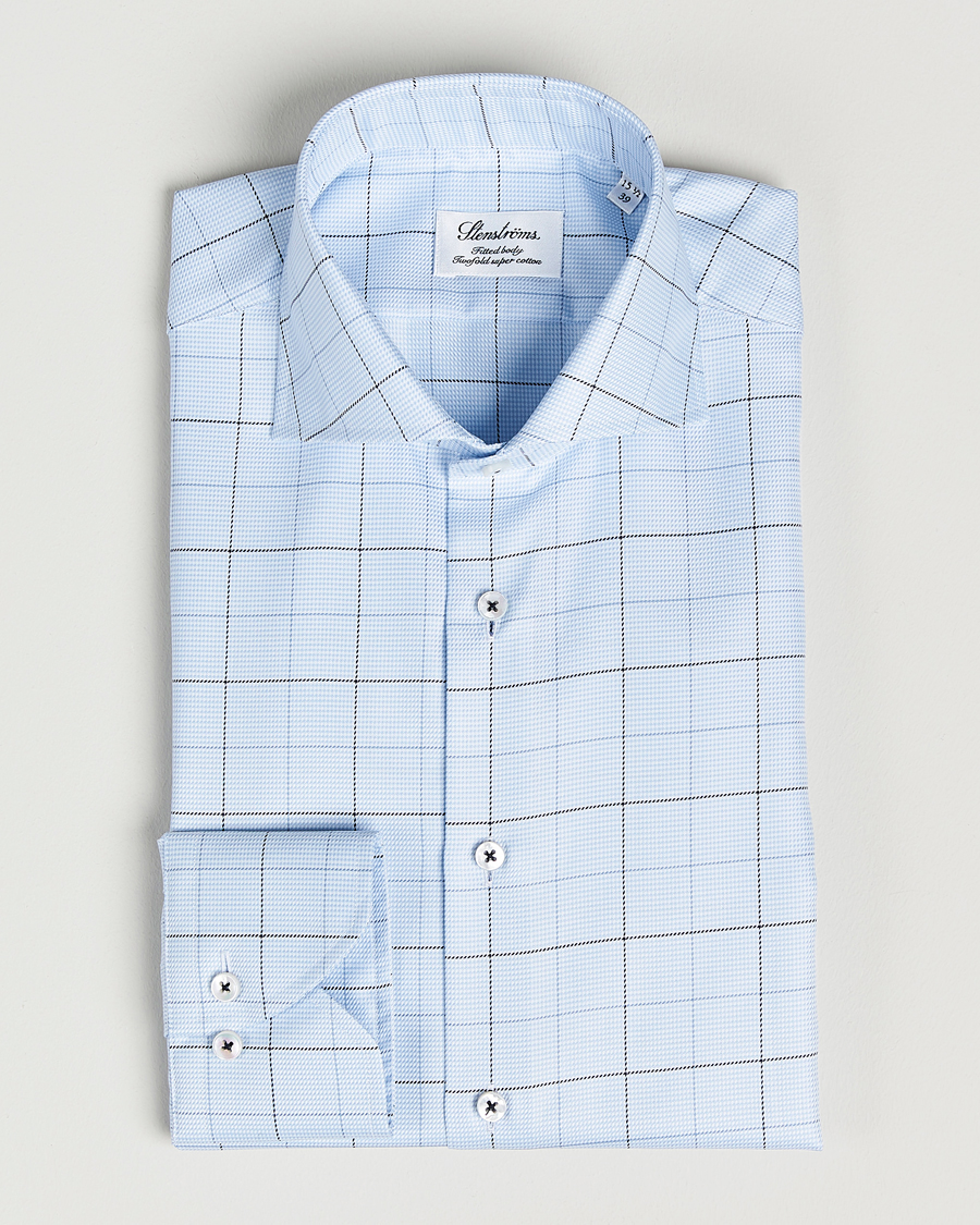 Herren | Hemden | Stenströms | Fitted Body Cut Away Windowpane Shirt Blue