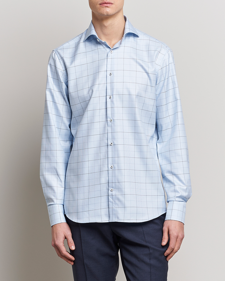 Herren | Hemden | Stenströms | Fitted Body Cut Away Windowpane Shirt Blue