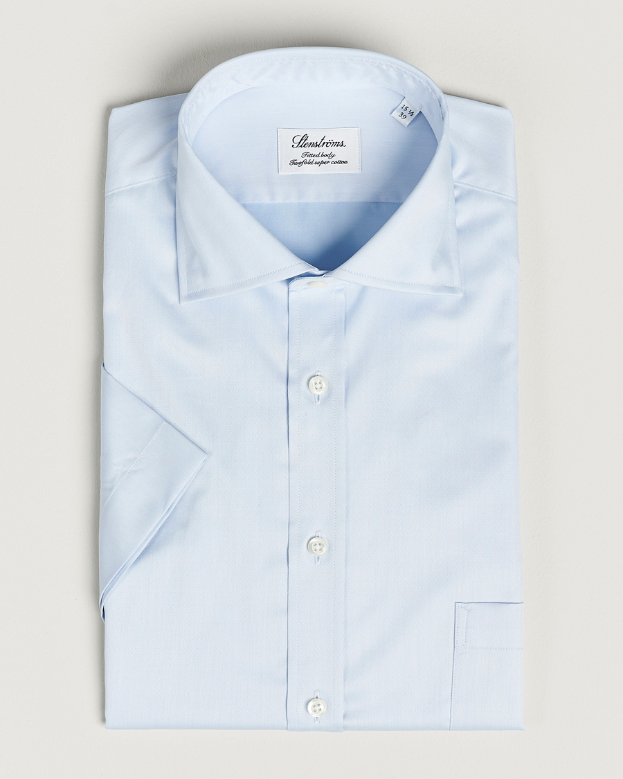 Herren | Hemden | Stenströms | Fitted Body Short Sleeve Twill Shirt Light Blue