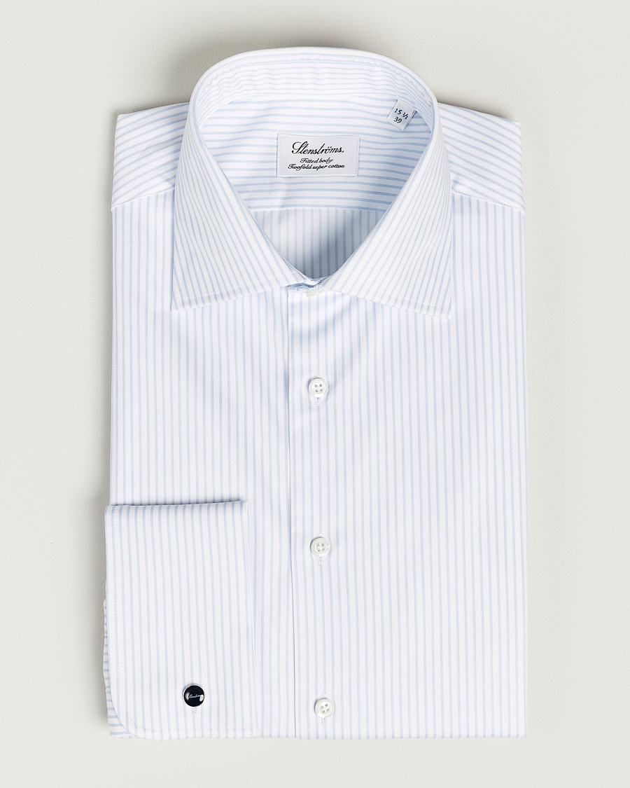 Herren | Hemden | Stenströms | Fitted Body Cotton Double Cuff Shirt White/Blue