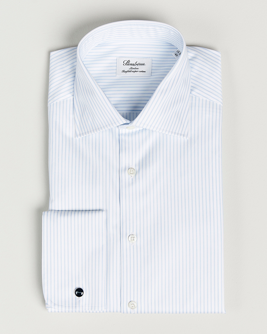 Herren | Hemden | Stenströms | Slimline Cotton Double Cuff Shirt White/Blue