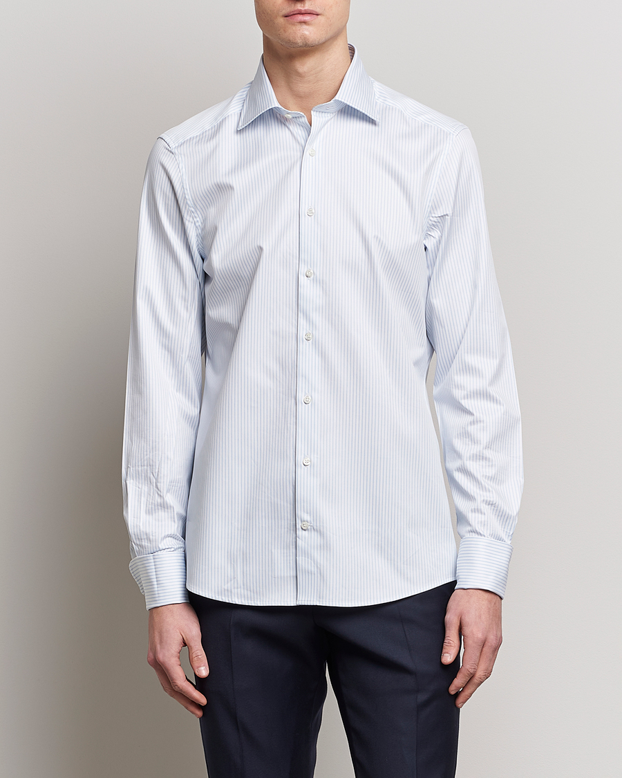 Herren | Hemden | Stenströms | Slimline Cotton Double Cuff Shirt White/Blue
