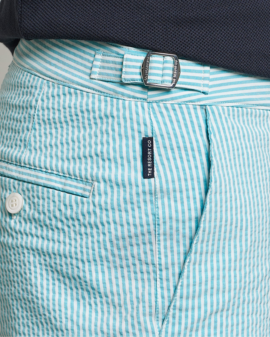 Herren | Badehosen | The Resort Co | Tailored Swim Shorts Turquoise Stripe Seersucker