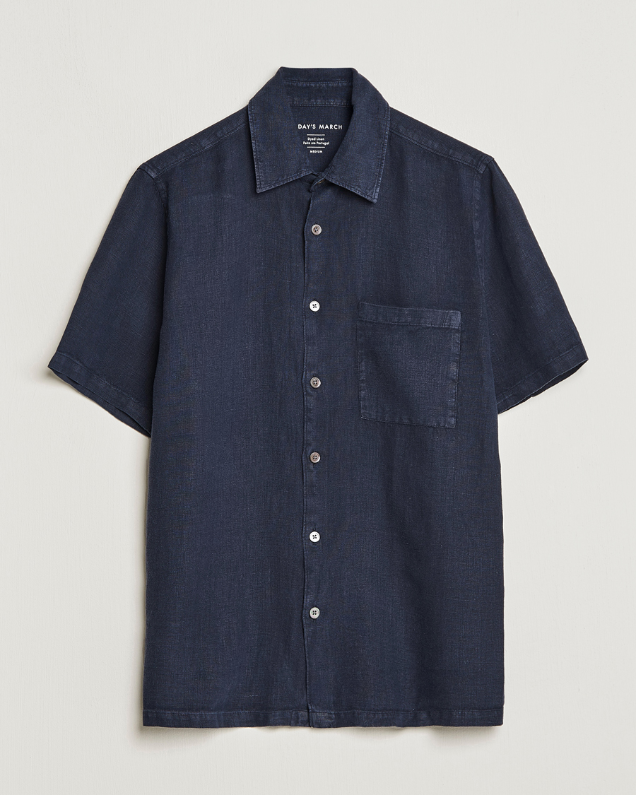 Herren | Hemden | A Day's March | Khito Short Sleeve Linen Shirt Dark Navy