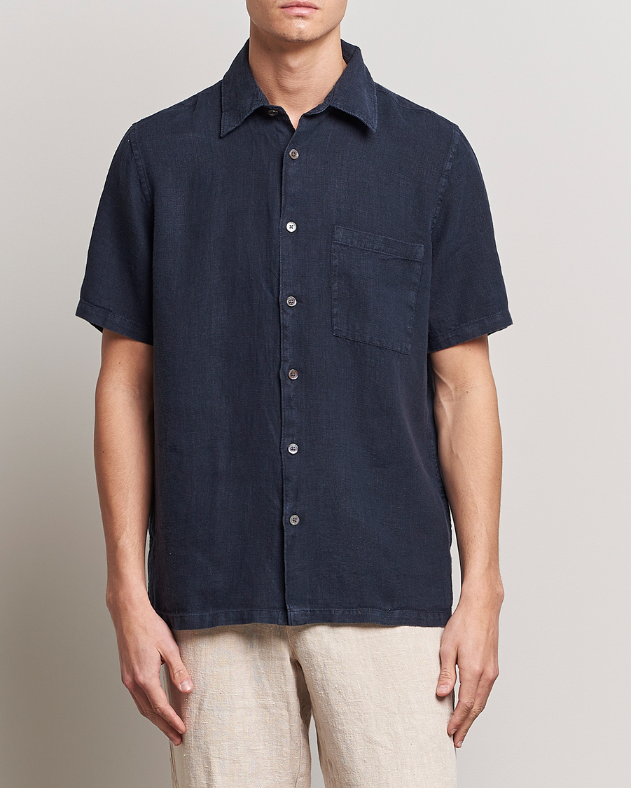 Herren | Hemden | A Day's March | Khito Short Sleeve Linen Shirt Dark Navy
