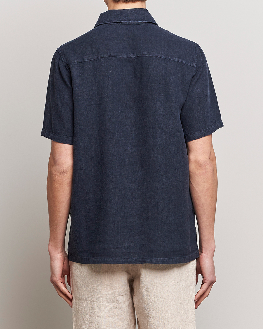 Herren | Hemden | A Day's March | Khito Short Sleeve Linen Shirt Dark Navy