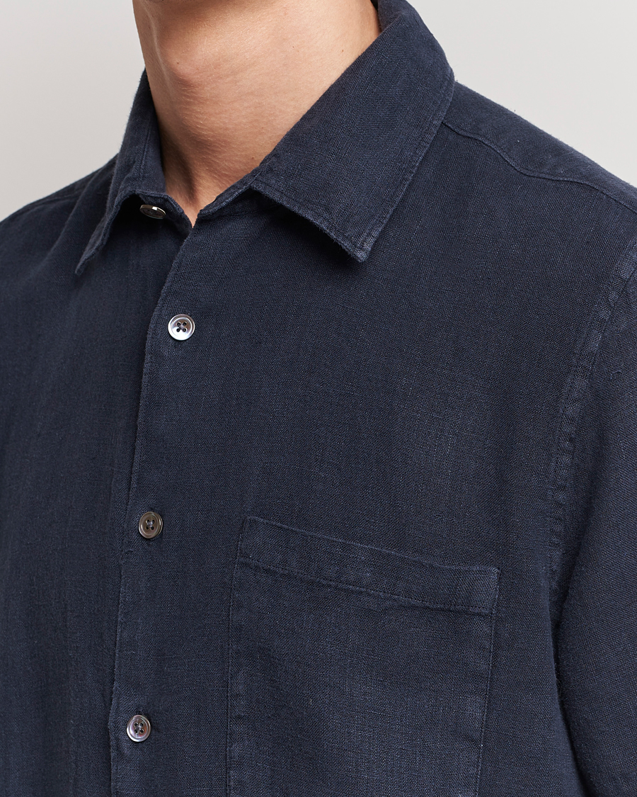 Herren | Hemden | A Day's March | Khito Short Sleeve Linen Shirt Dark Navy
