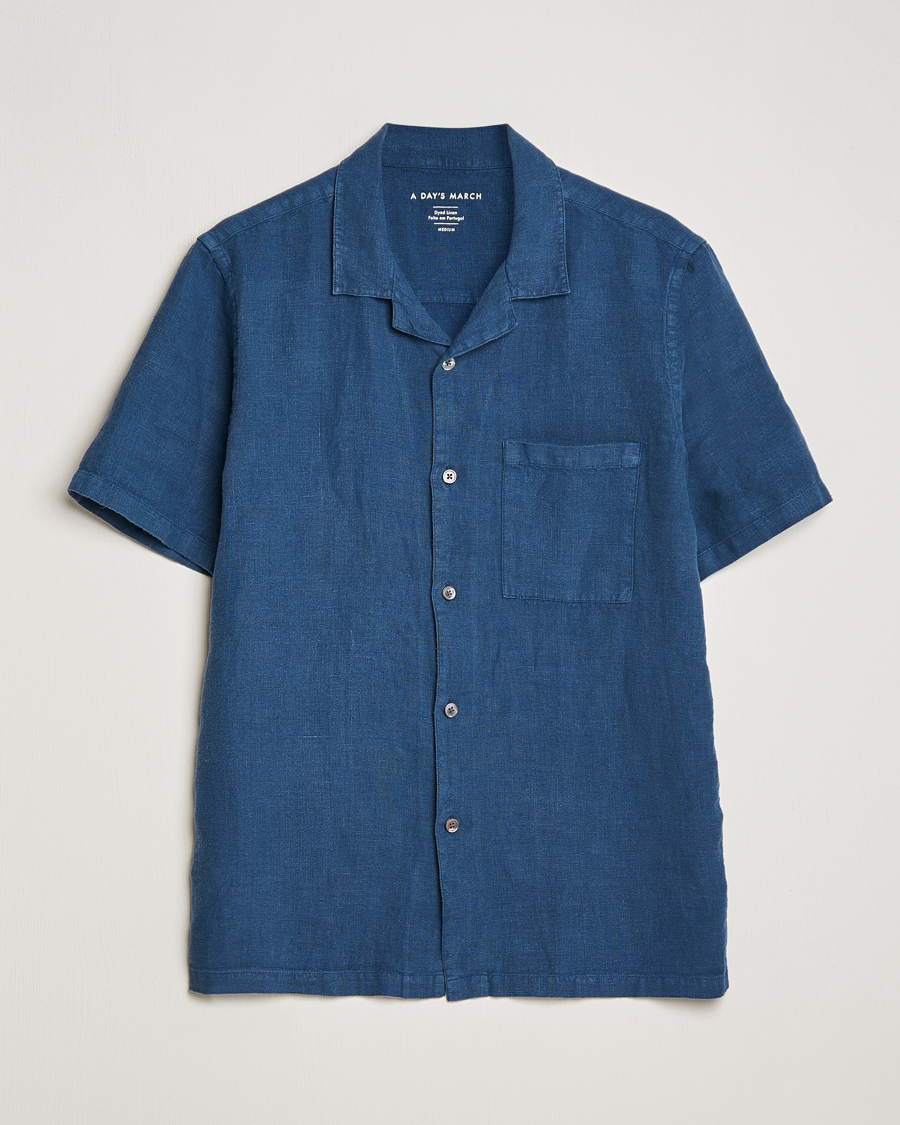 Herren | Hemden | A Day's March | Yamu Short Sleeve Linen Shirt Indigo Blue