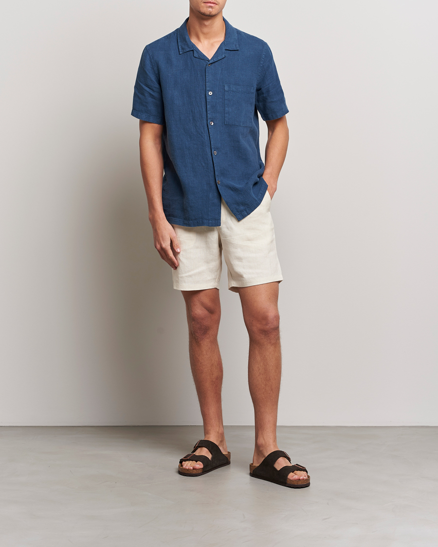 Herren | Hemden | A Day's March | Yamu Short Sleeve Linen Shirt Indigo Blue