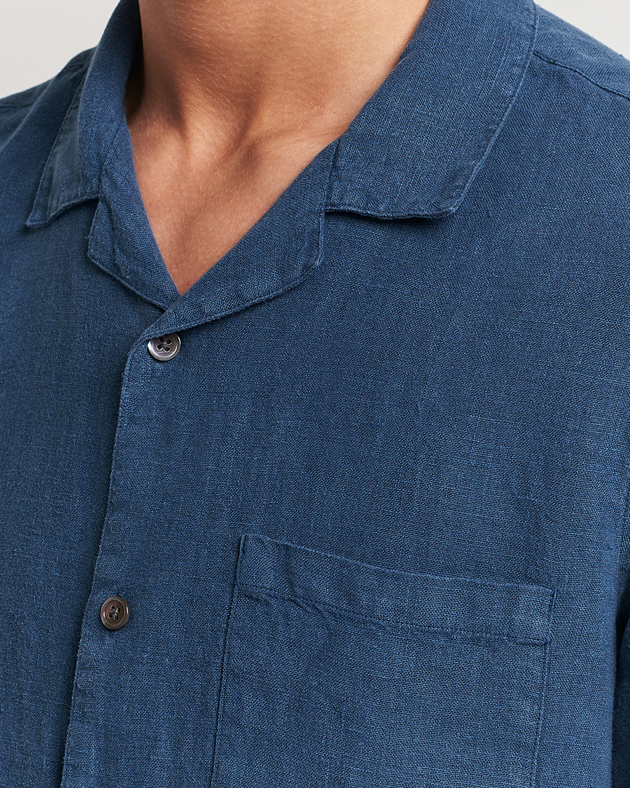 Herren | Hemden | A Day's March | Yamu Short Sleeve Linen Shirt Indigo Blue