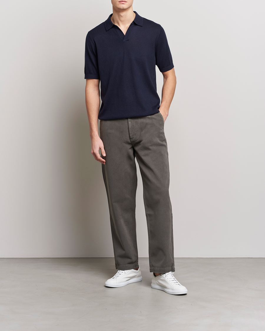 Herren | Poloshirts | A Day's March | Ebro Open Collar Cotton/Wool Navy