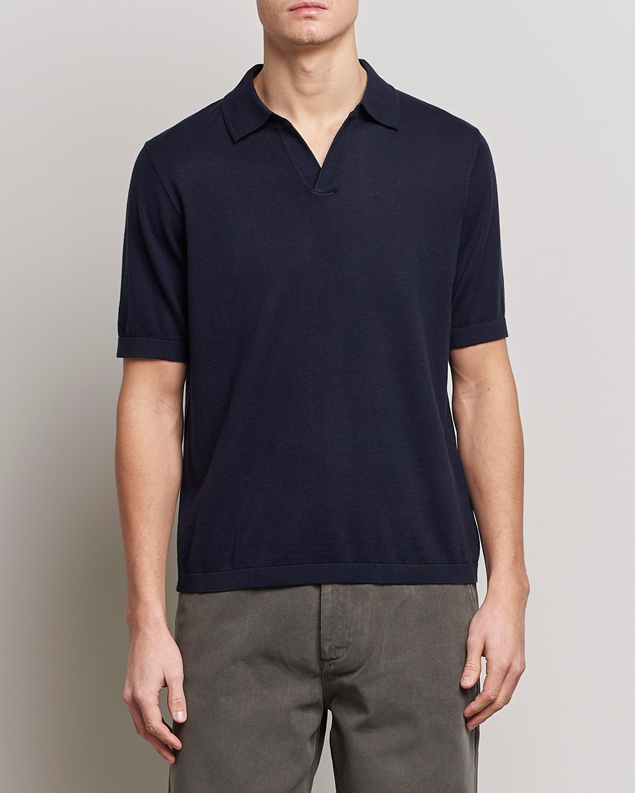 Herren | Poloshirts | A Day's March | Ebro Open Collar Cotton/Wool Navy