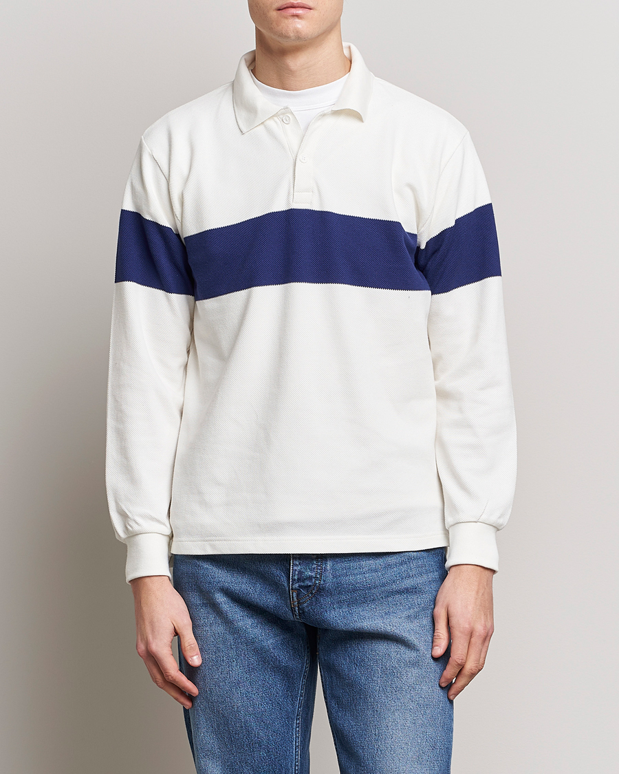 Herren | Pullover | BEAMS PLUS | Panel Stripe Long Sleeve Polo White