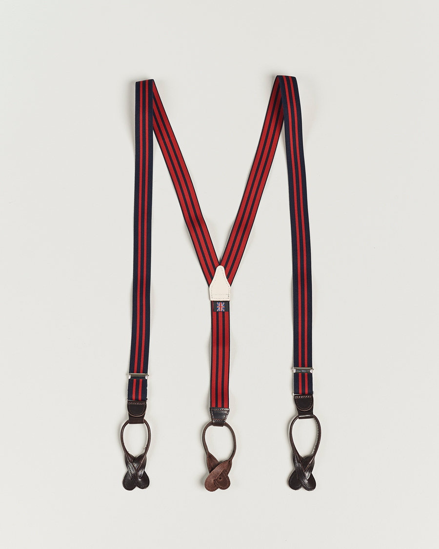 Herren | Albert Thurston Elastic Narrow Stripe Braces 25mm Navy/Red | Albert Thurston | Elastic Narrow Stripe Braces 25mm Navy/Red