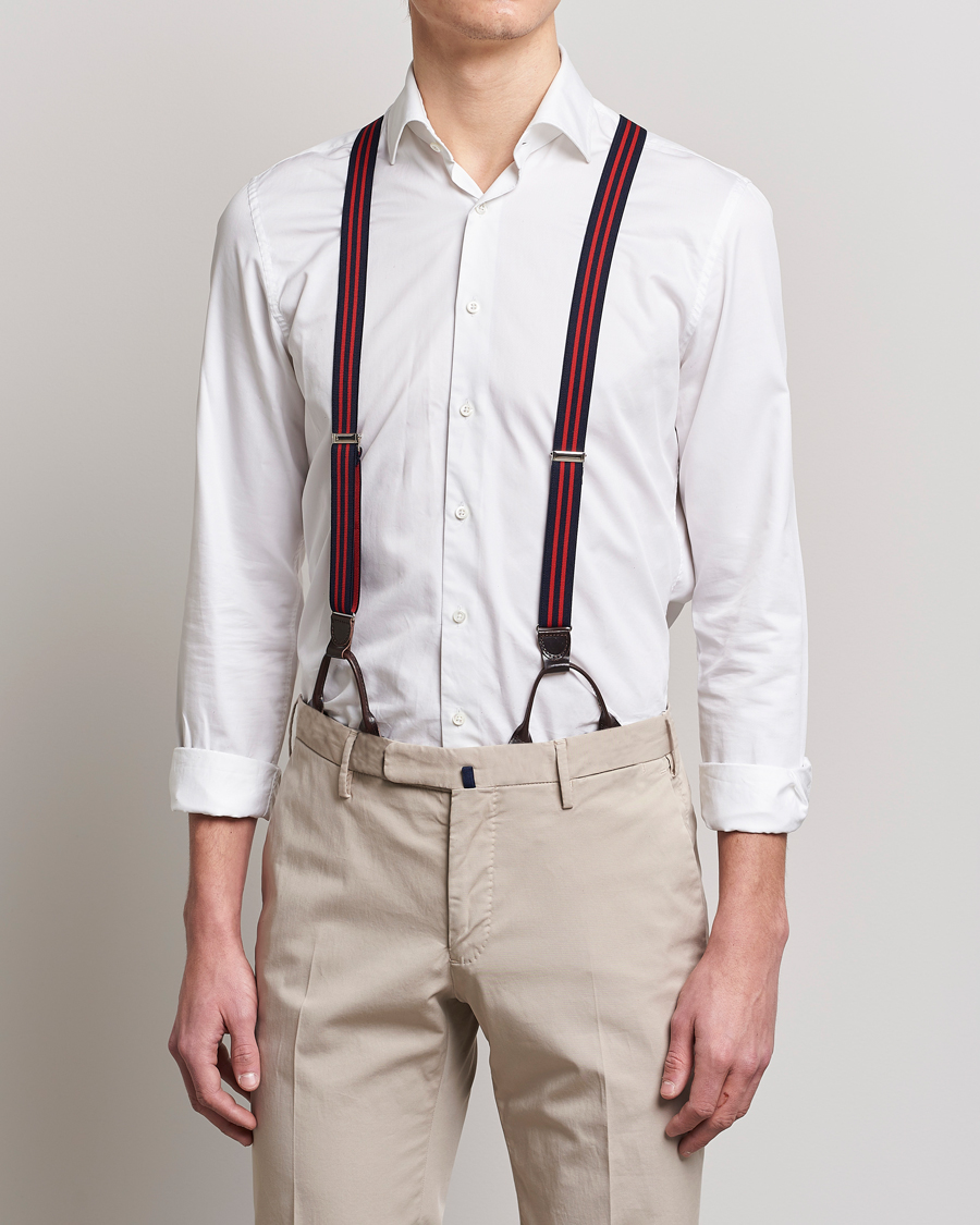 Herren | Albert Thurston Elastic Narrow Stripe Braces 25mm Navy/Red | Albert Thurston | Elastic Narrow Stripe Braces 25mm Navy/Red