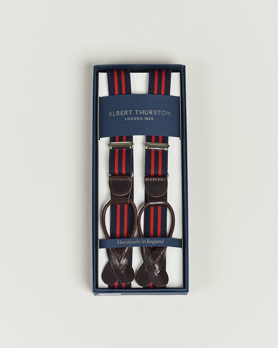 Herren | Albert Thurston Elastic Narrow Stripe Braces 25mm Navy/Red | Albert Thurston | Elastic Narrow Stripe Braces 25mm Navy/Red