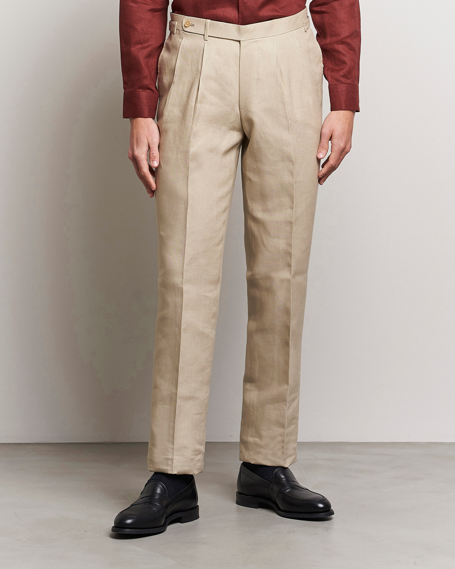 Herren | Hosen | Beams F | Pleated Linen Trousers Beige