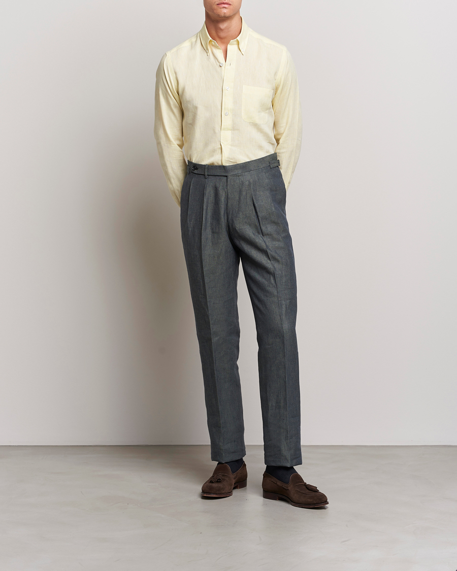 Herren | Hosen | Beams F | Pleated Linen Trousers Petroleum Blue