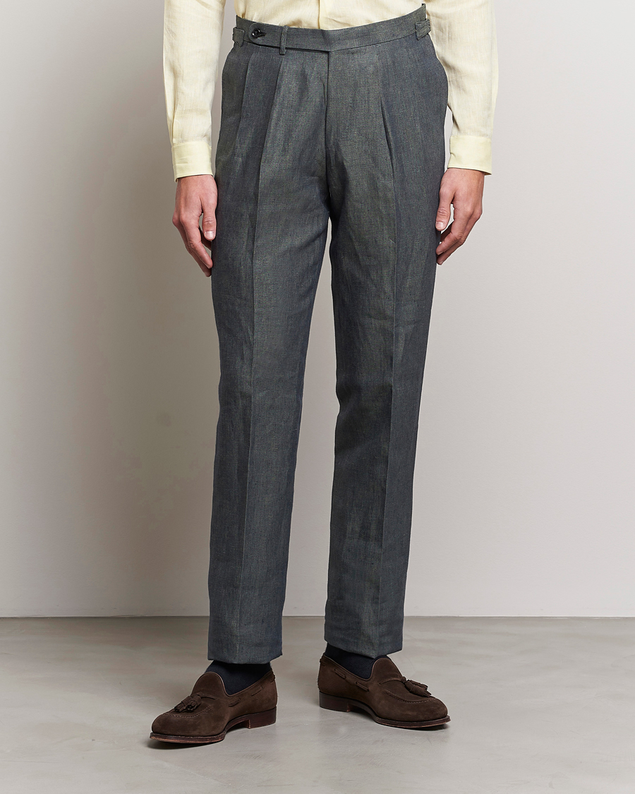 Herren | Hosen | Beams F | Pleated Linen Trousers Petroleum Blue