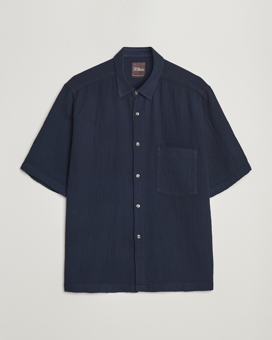 Herren | Hemden | Oscar Jacobson | Short Sleeve City Crepe Cotton Shirt Navy