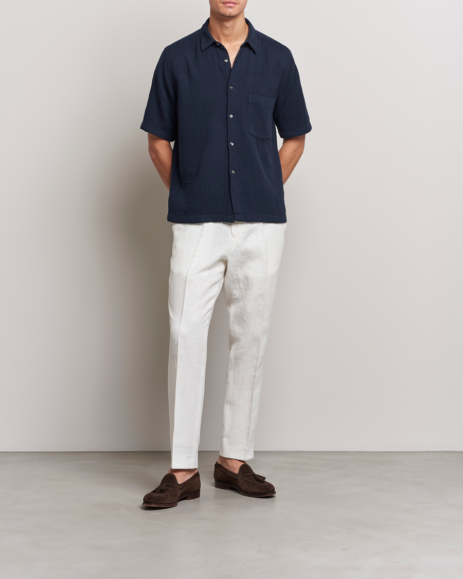Herren | Hemden | Oscar Jacobson | Short Sleeve City Crepe Cotton Shirt Navy