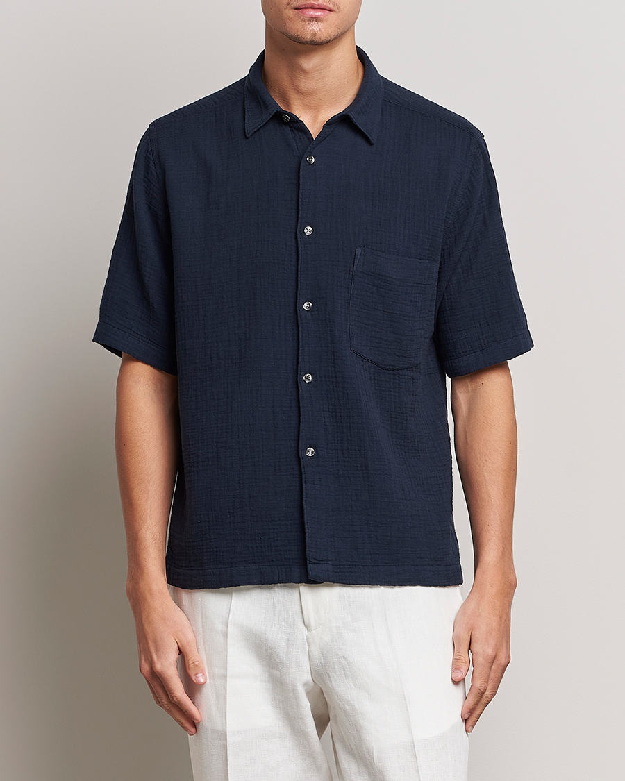 Herren | Hemden | Oscar Jacobson | Short Sleeve City Crepe Cotton Shirt Navy