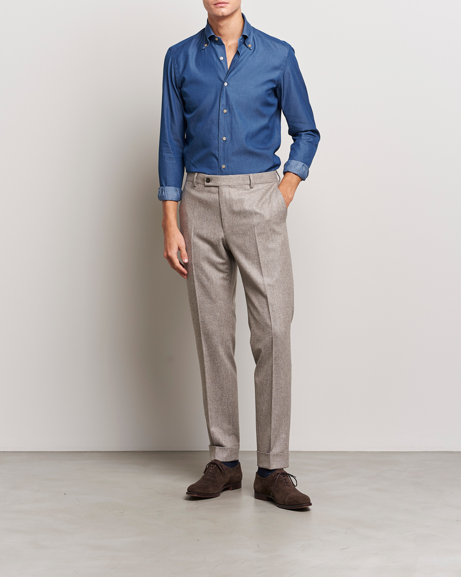 Herren | Hemden | Mazzarelli | Soft Button Down Denim Shirt Blue Wash