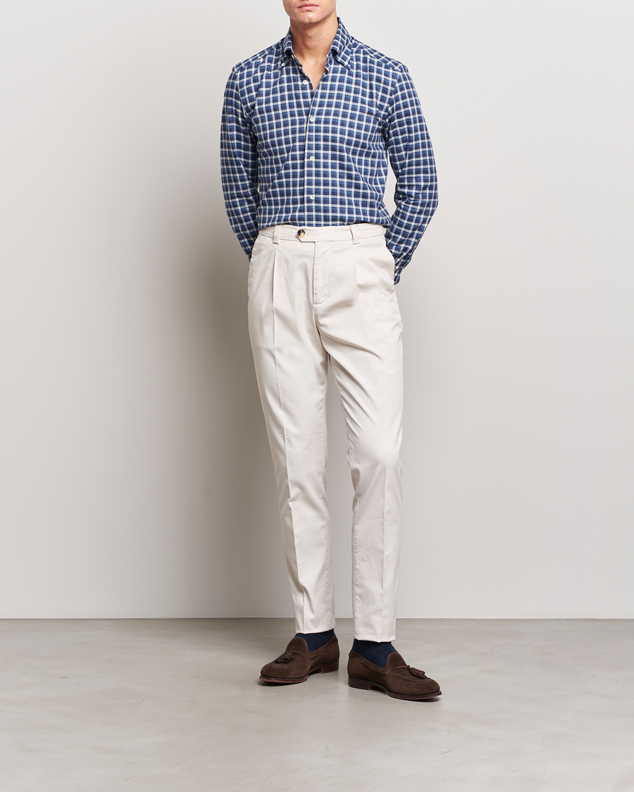 Herren | Hemden | Mazzarelli | Soft Button Down Flannel Shirt Dark Blue