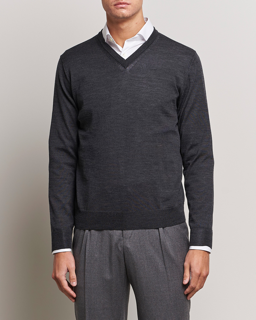 Herren | Pullover | Canali | Merino Wool V-Neck Charcoal