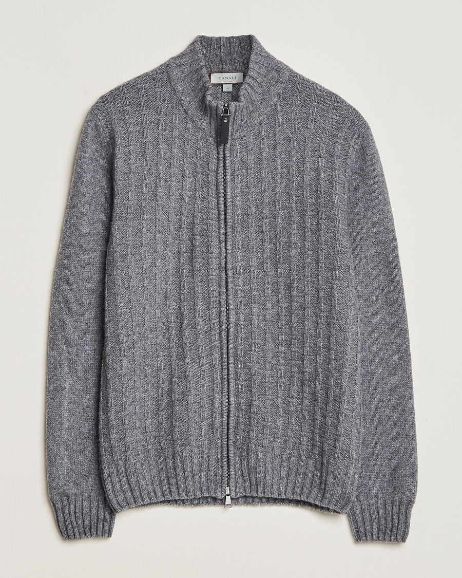 Herren | Pullover | Canali | Chunky Wool Cardigan Grey Melange