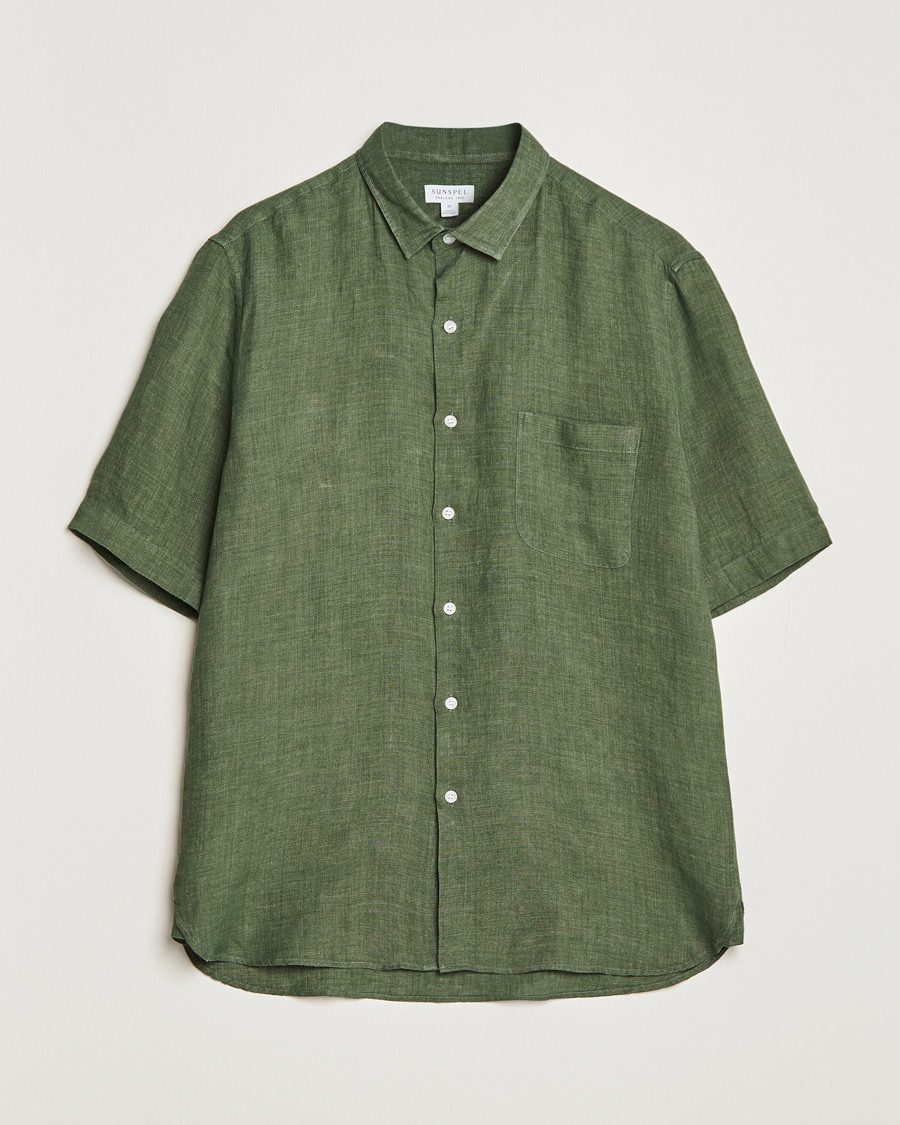 Herren | Hemden | Sunspel | Short Sleeve Linen Shirt Hunter Green