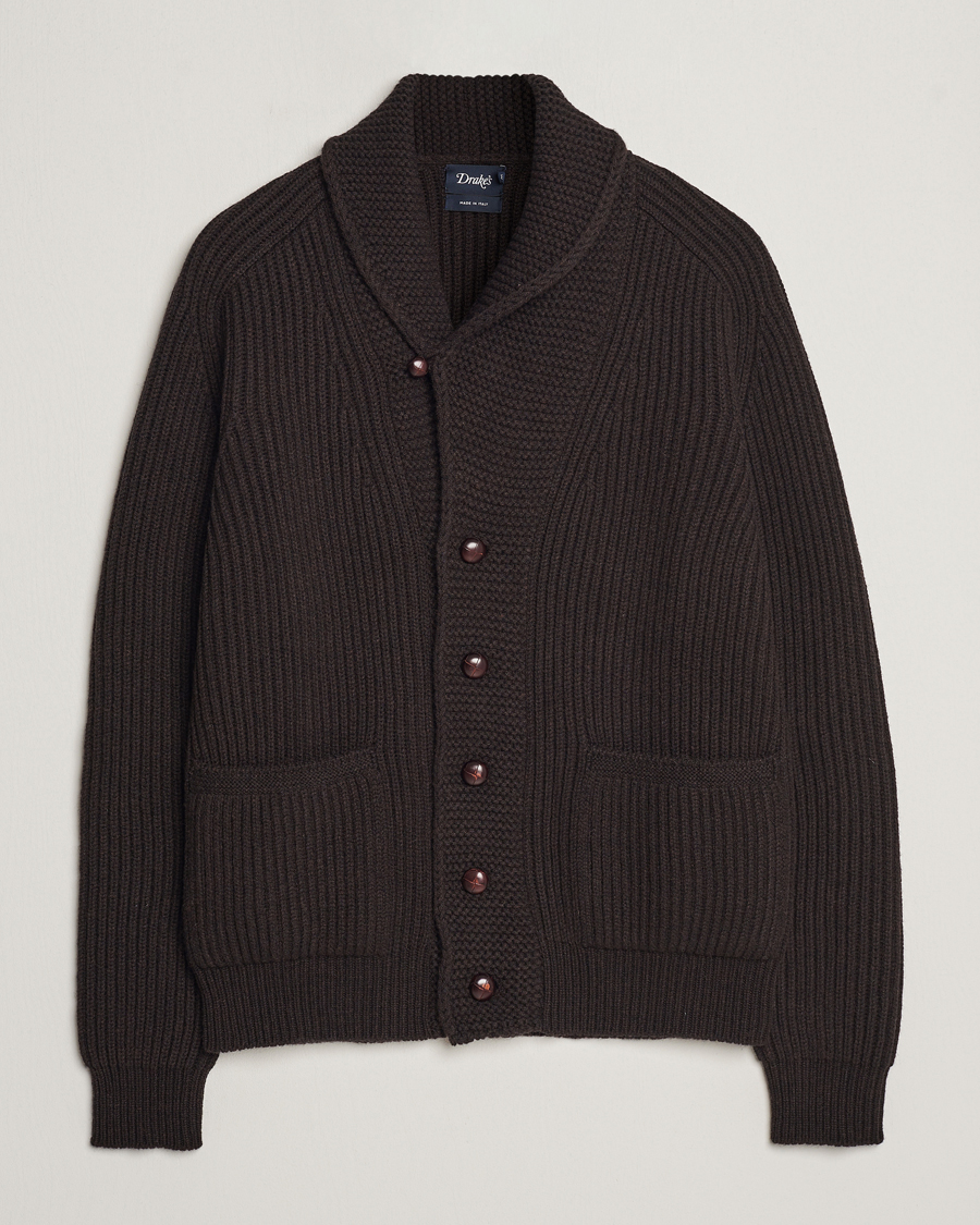 Herren | Pullover | Drake's | Lambswool 6-Ply Shawl Collar Cardigan Brown