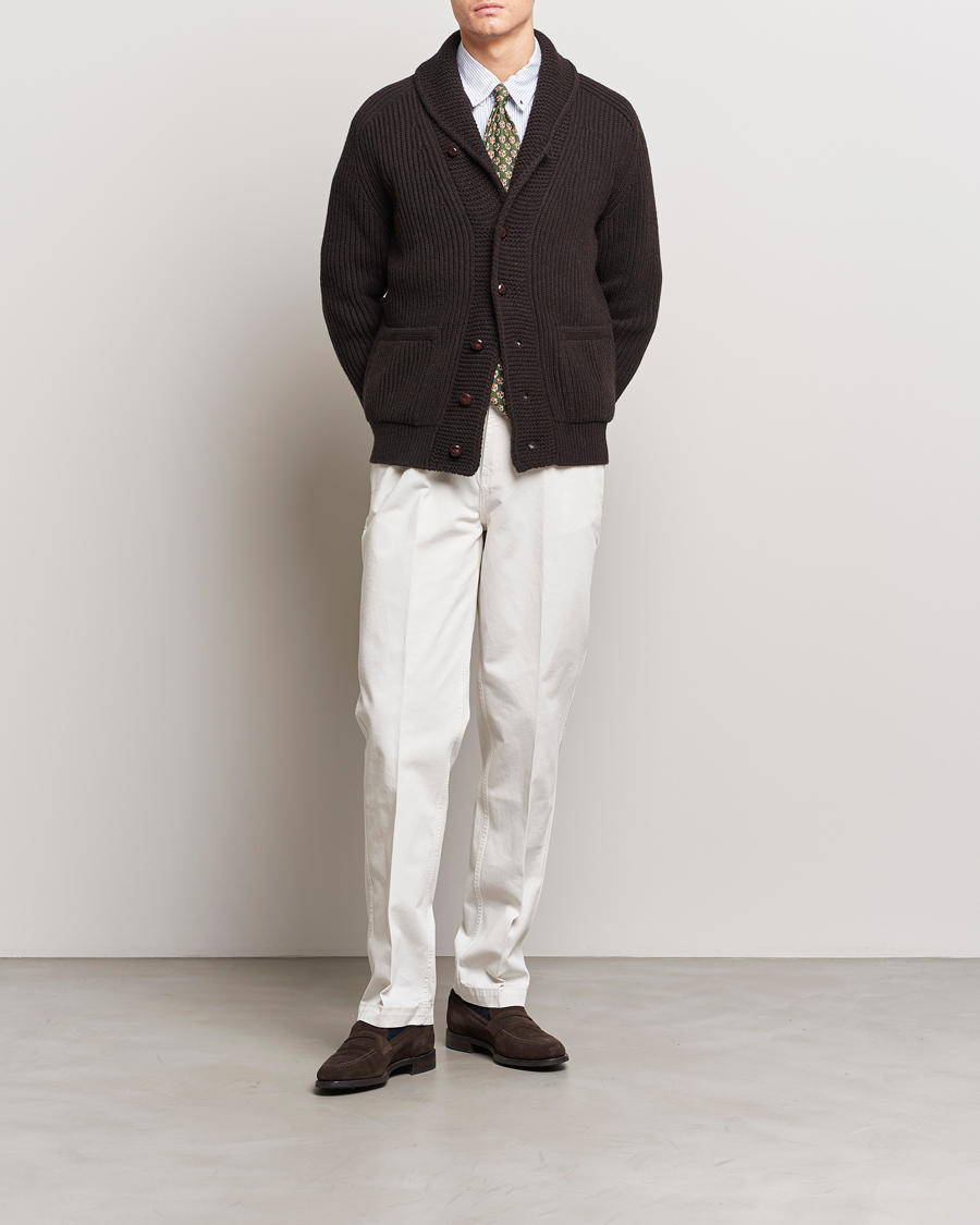 Herren | Pullover | Drake's | Lambswool 6-Ply Shawl Collar Cardigan Brown