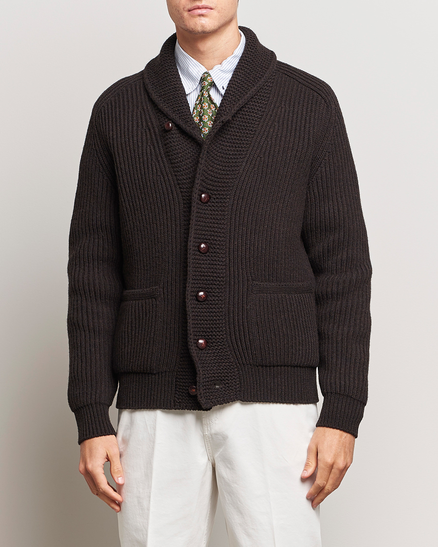Herren | Pullover | Drake's | Lambswool 6-Ply Shawl Collar Cardigan Brown