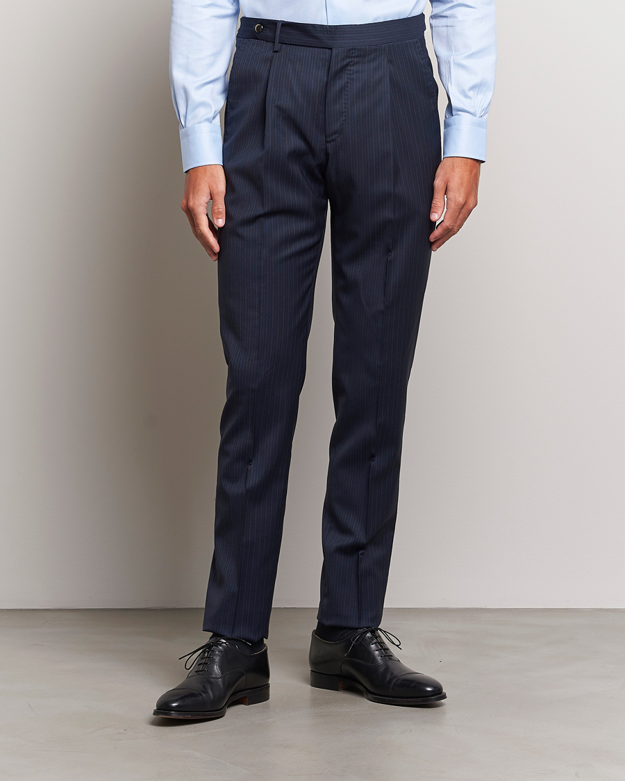 Herren | Hosen | PT01 | Slim Fit Pleated Wool Trousers Navy Pin