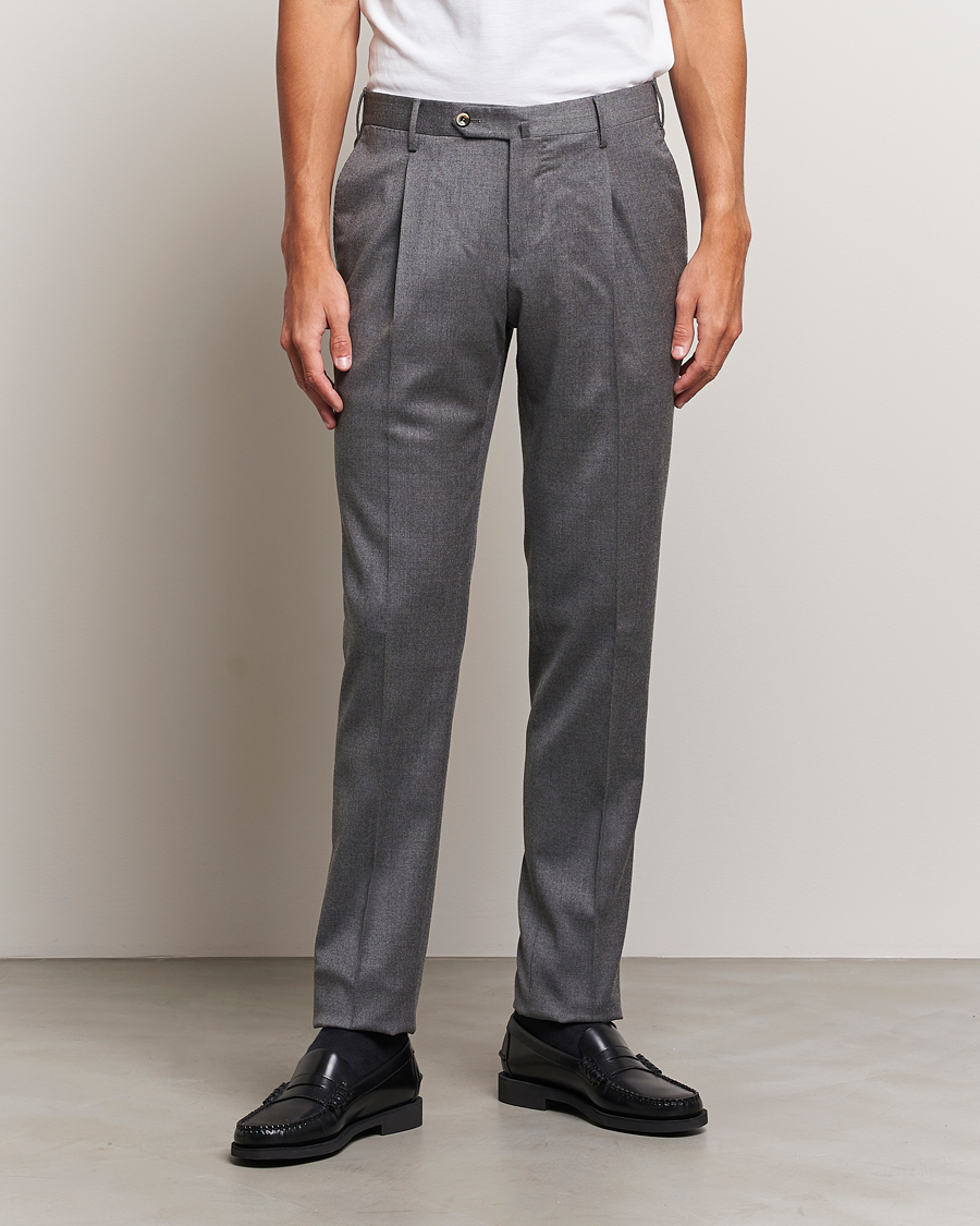 Herren | 40% sale | PT01 | Slim Fit Pleated Flannel Trousers Grey Melange