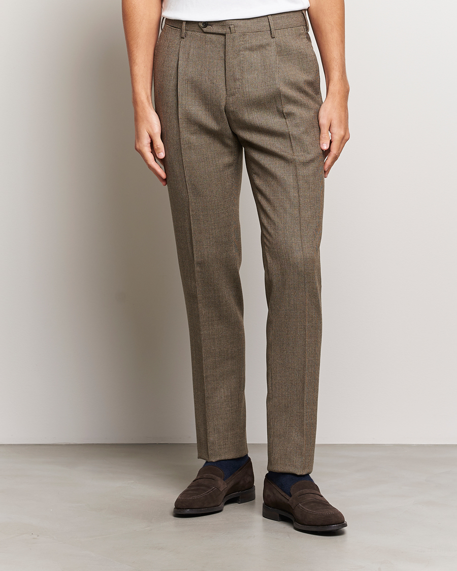 Herren | Hosen | PT01 | Slim Fit Pleated Houndstooth Trousers Light Brown