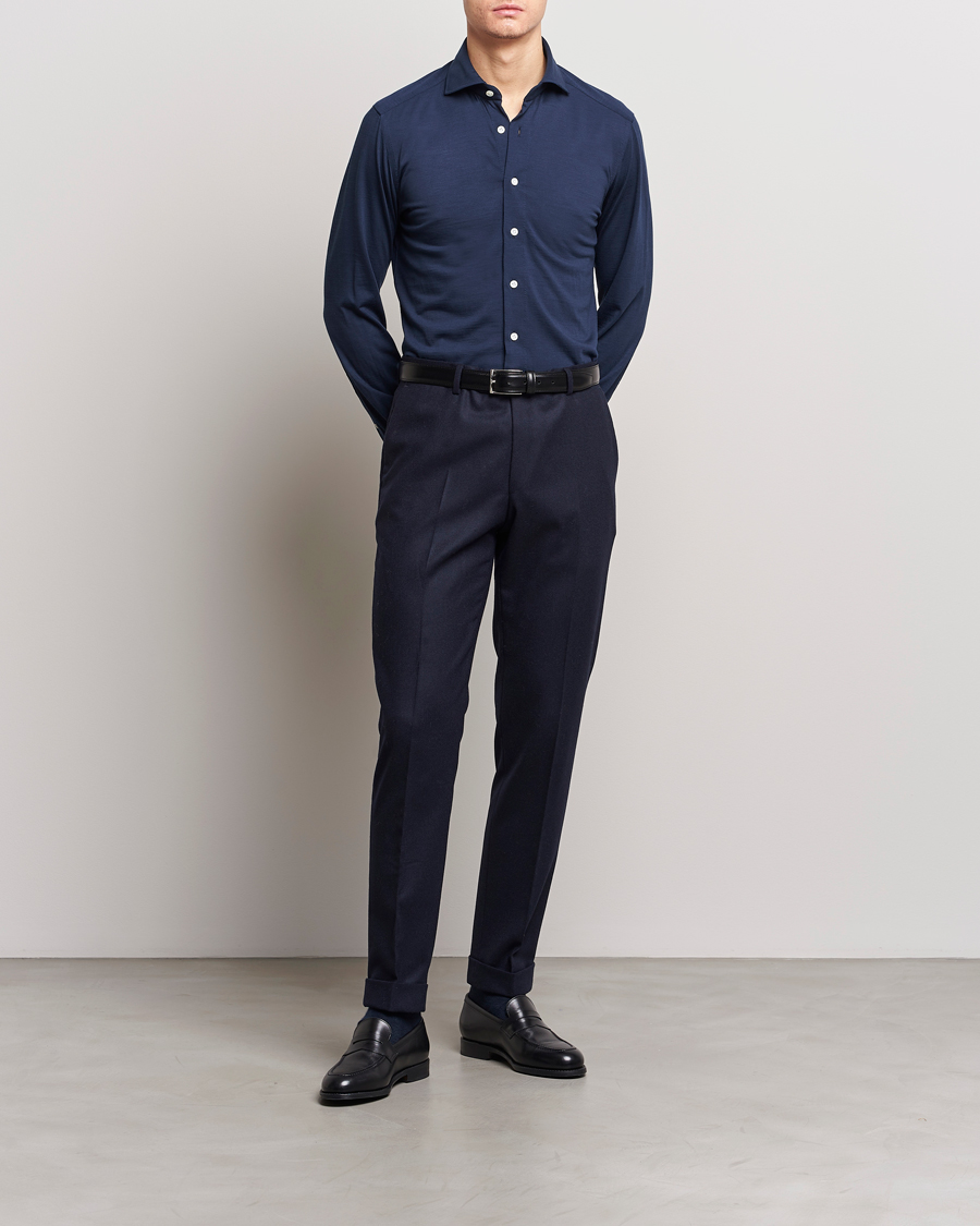 Herren | Hemden | 100Hands | Wool Cut Away Shirt Navy Blue