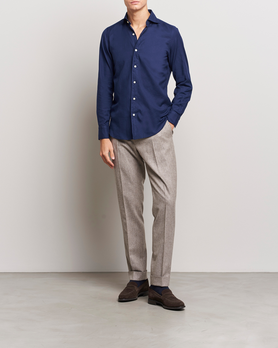 Herren | Hemden | Finamore Napoli | Tokyo Slim Flannel Shirt Navy