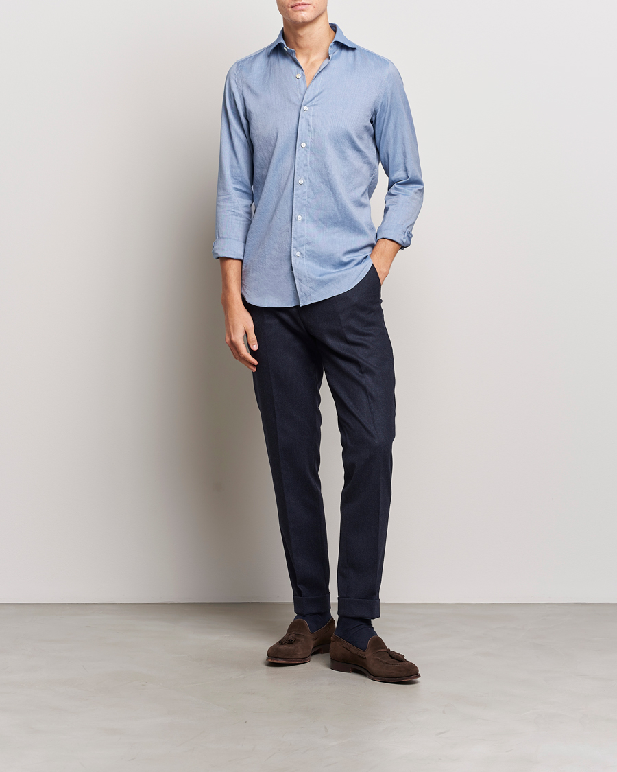 Herren | Hemden | Finamore Napoli | Tokyo Slim Flannel Shirt Light Blue